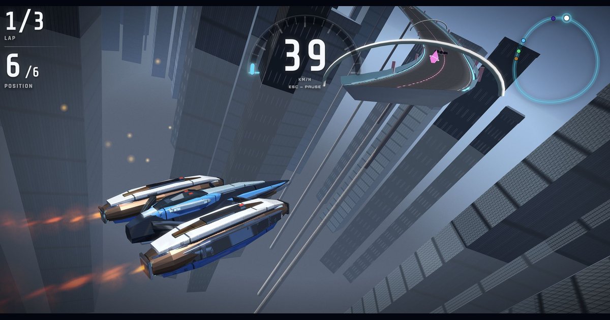 Skybound Velocity gameplay: an anti-gravity ship on an elevated 3D race track